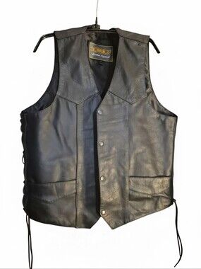 Vintage Unik Black Leather Biker Vest with Snap Front